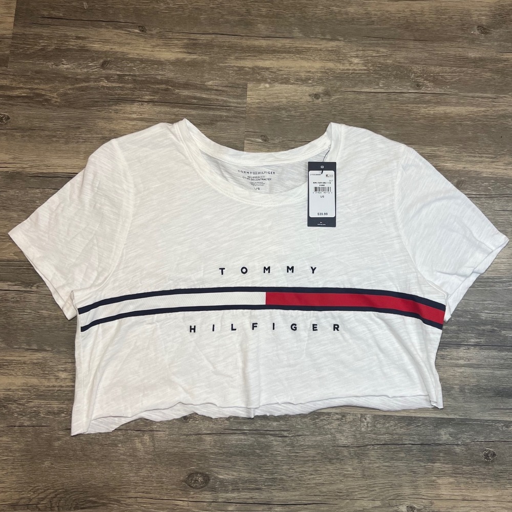 Tommy Hilfiger Logo Stripe Graphic‎ Tee Women's Large White Red Blue NWT Casual